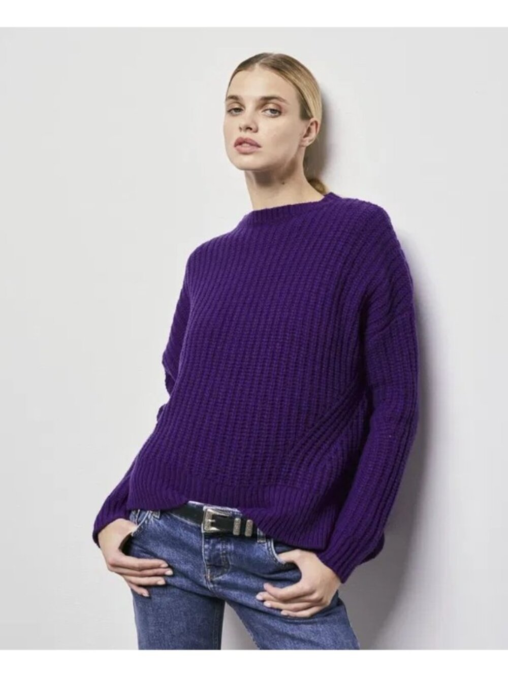 The Kooples Wool Purple Ribbed Knit Cozy Warm Crew Neck Sweater